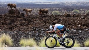 Cyclist in race gear rides past rocky terrain with goats in the background